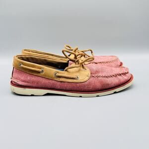 Sperry Top-Sider Shoes Mens 9 Red Fabric Tan Leather Boat Shoes Casual Comfort